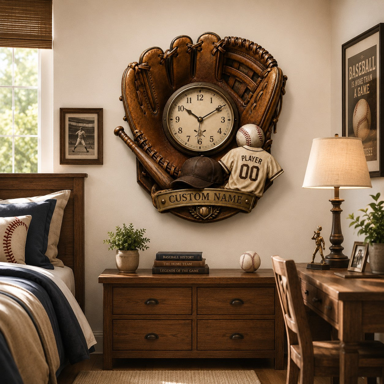 Personalized Baseball Wall Clock, Custom Name Gift for Baseball Fans — personalized with a custom name