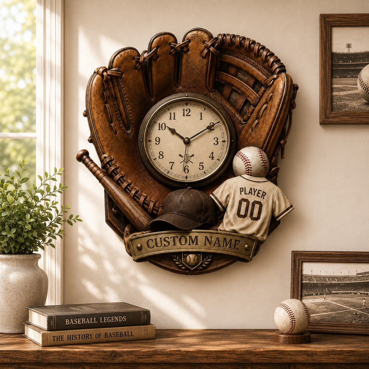 Personalized Baseball Wall Clock, Custom Name Gift for Baseball Fans — personalized with a custom name