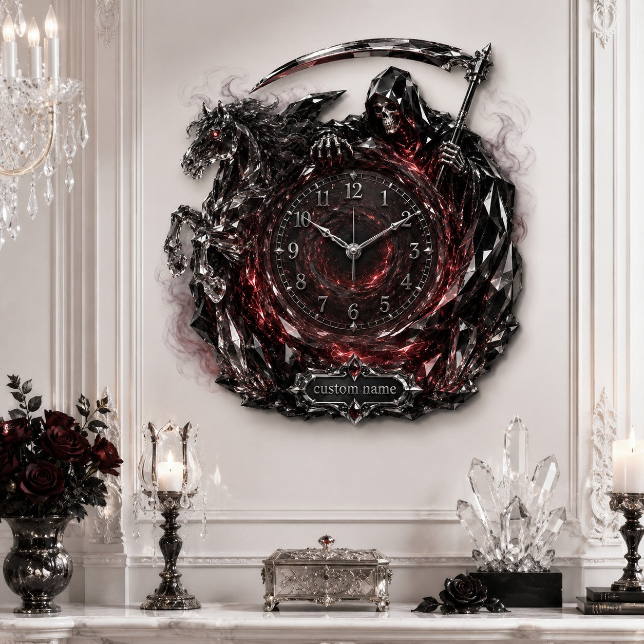 Personalized Red Crystal Grim Reaper Horse Wall Clock with Custom Name — personalized with a custom name
