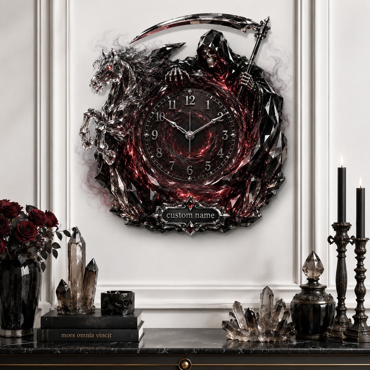 Personalized Red Crystal Grim Reaper Horse Wall Clock with Custom Name — personalized with a custom name