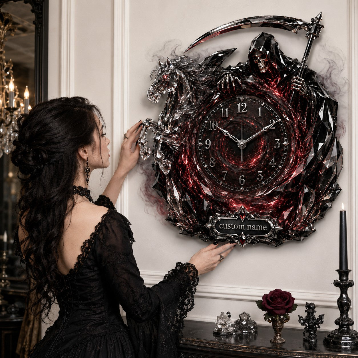 Personalized Red Crystal Grim Reaper Horse Wall Clock with Custom Name — personalized with a custom name