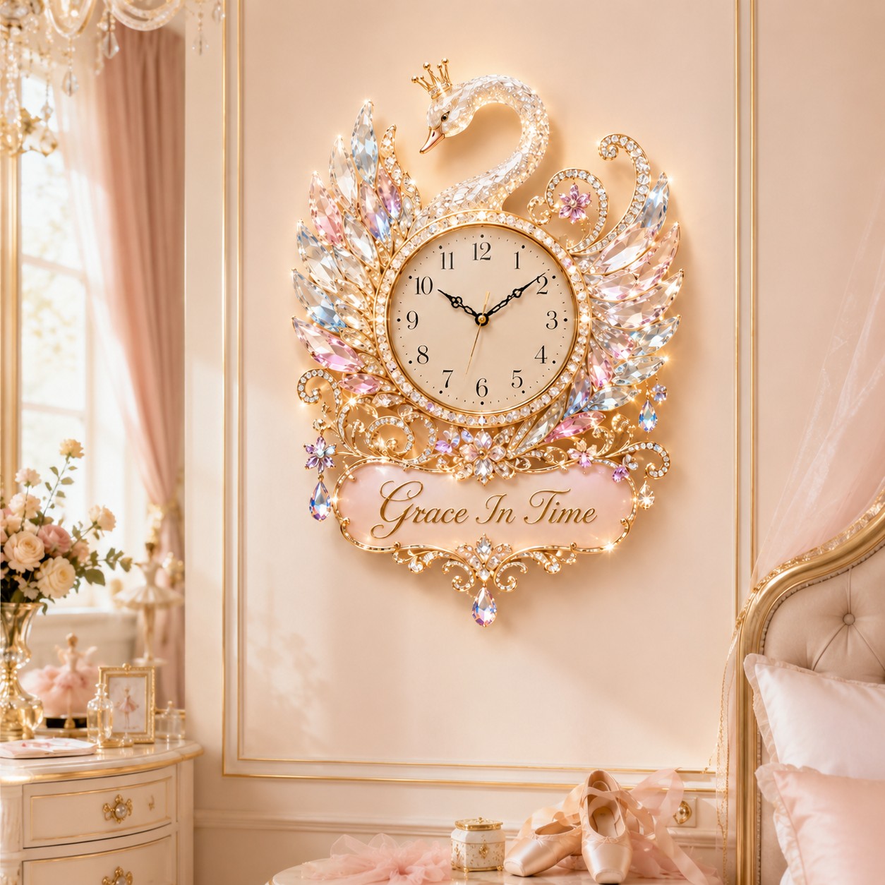 Personalized Swan Wall Clock with Custom Name — personalized with a custom name