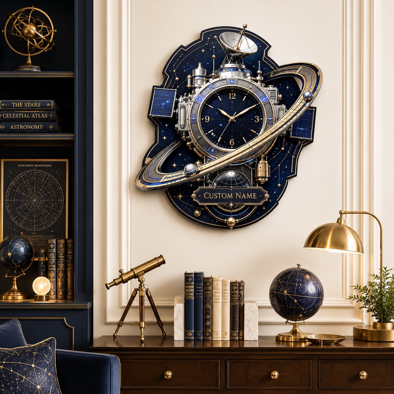 Personalized Celestial Observatory Wall Clock with Custom Name — personalized with a custom name