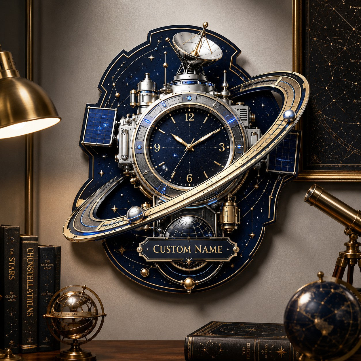 Personalized Celestial Observatory Wall Clock with Custom Name — personalized with a custom name
