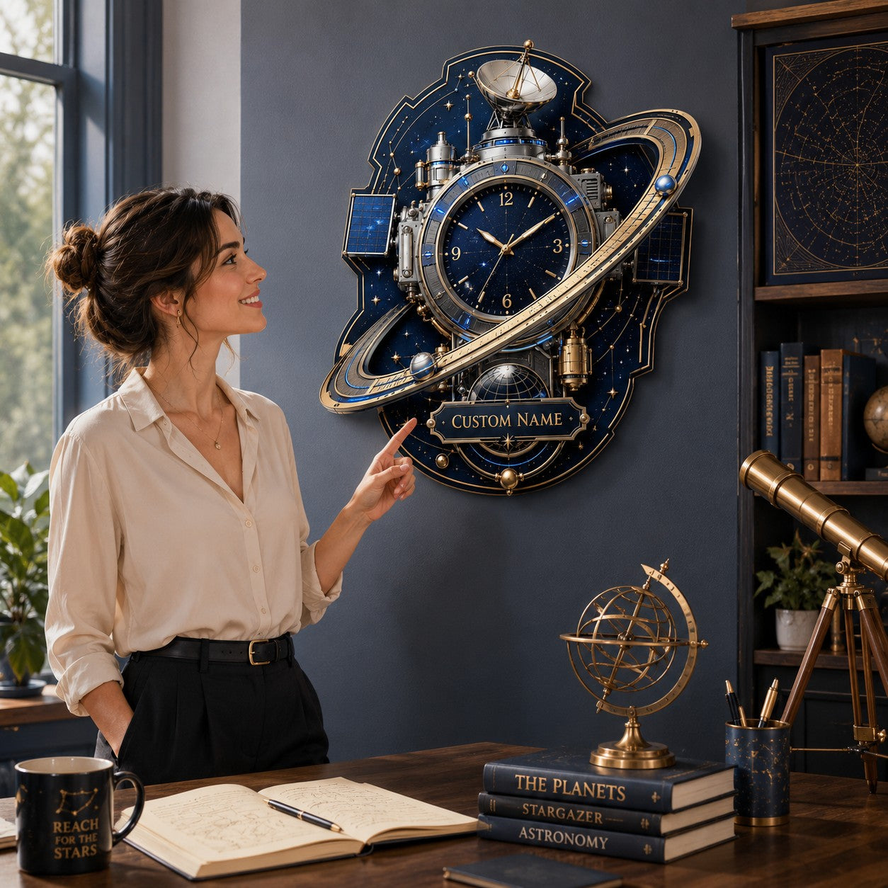 Personalized Celestial Observatory Wall Clock with Custom Name — personalized with a custom name