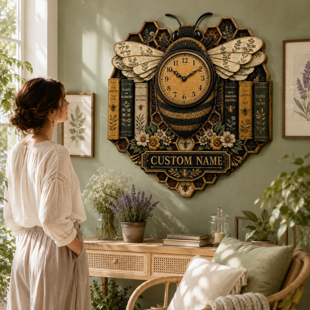 Personalized Beekeeper Book Lover Wall Clock with Custom Name — personalized with a custom name