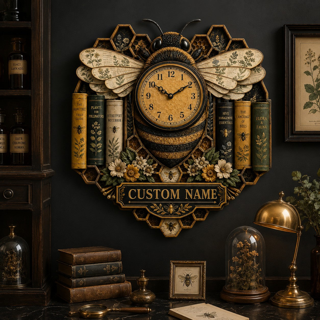 Personalized Beekeeper Book Lover Wall Clock with Custom Name — personalized with a custom name