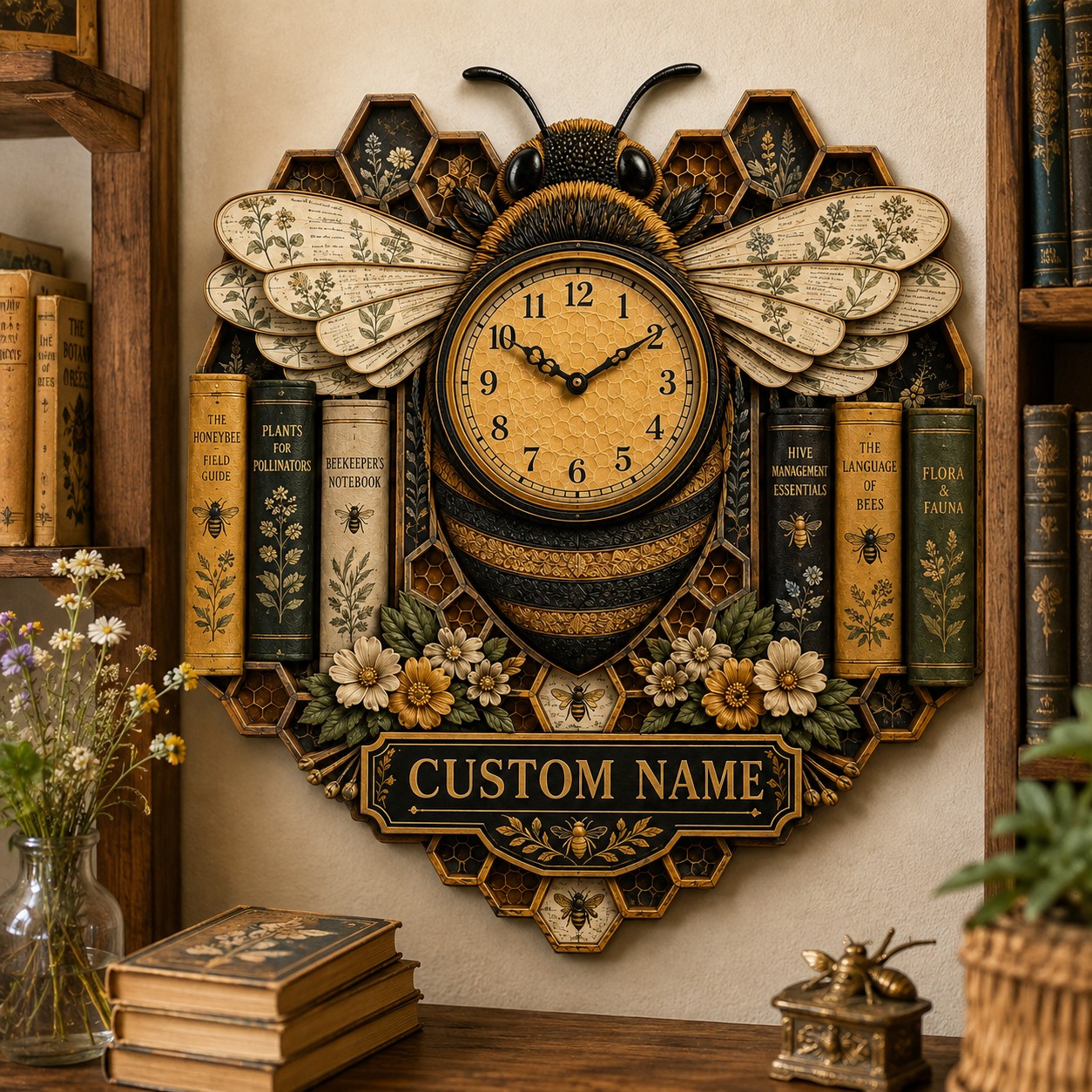 Personalized Beekeeper Book Lover Wall Clock with Custom Name — personalized with a custom name