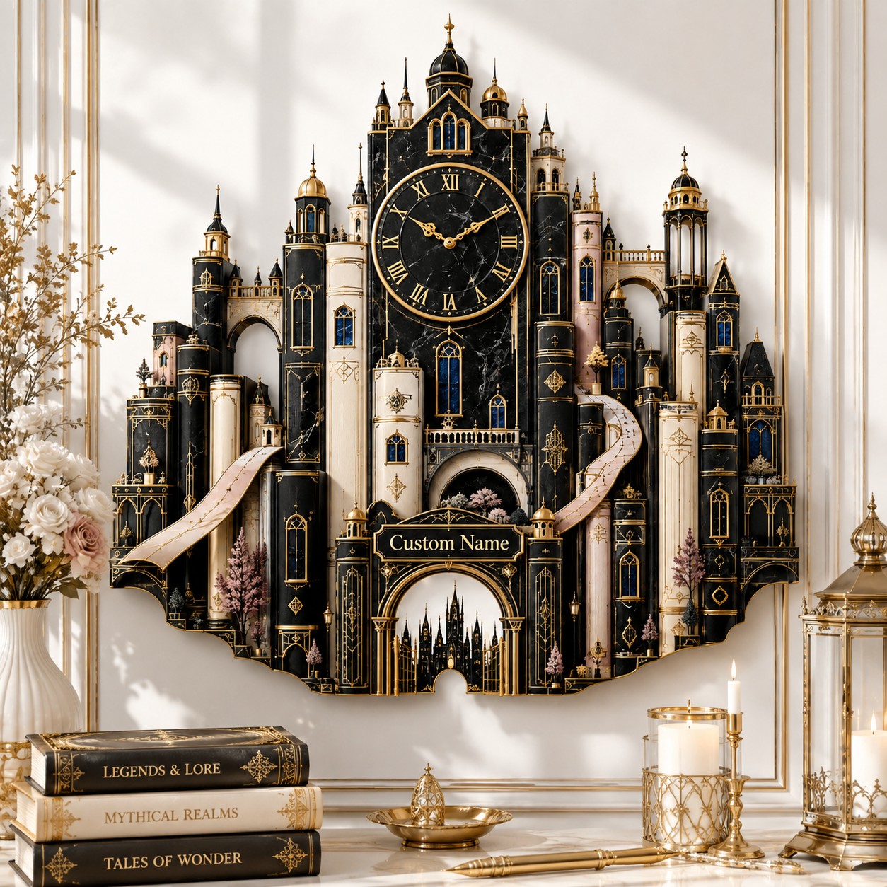 Personalized Fantasy Book City Wall Clock with Custom Name — personalized with a custom name
