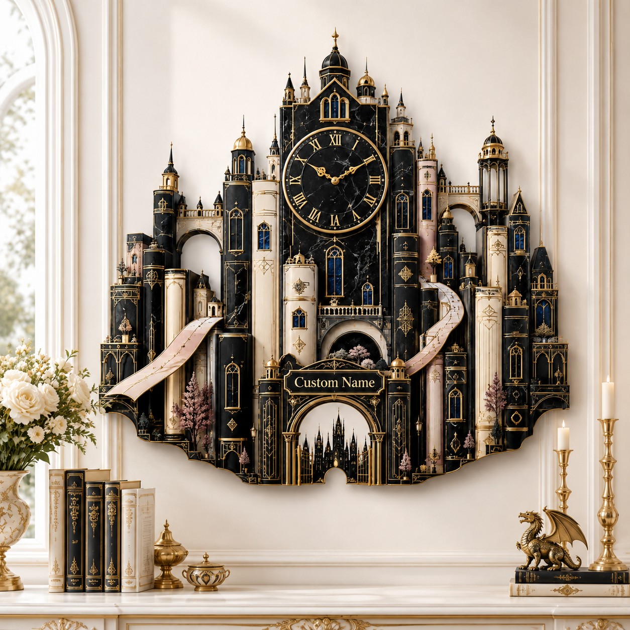 Personalized Fantasy Book City Wall Clock with Custom Name — personalized with a custom name
