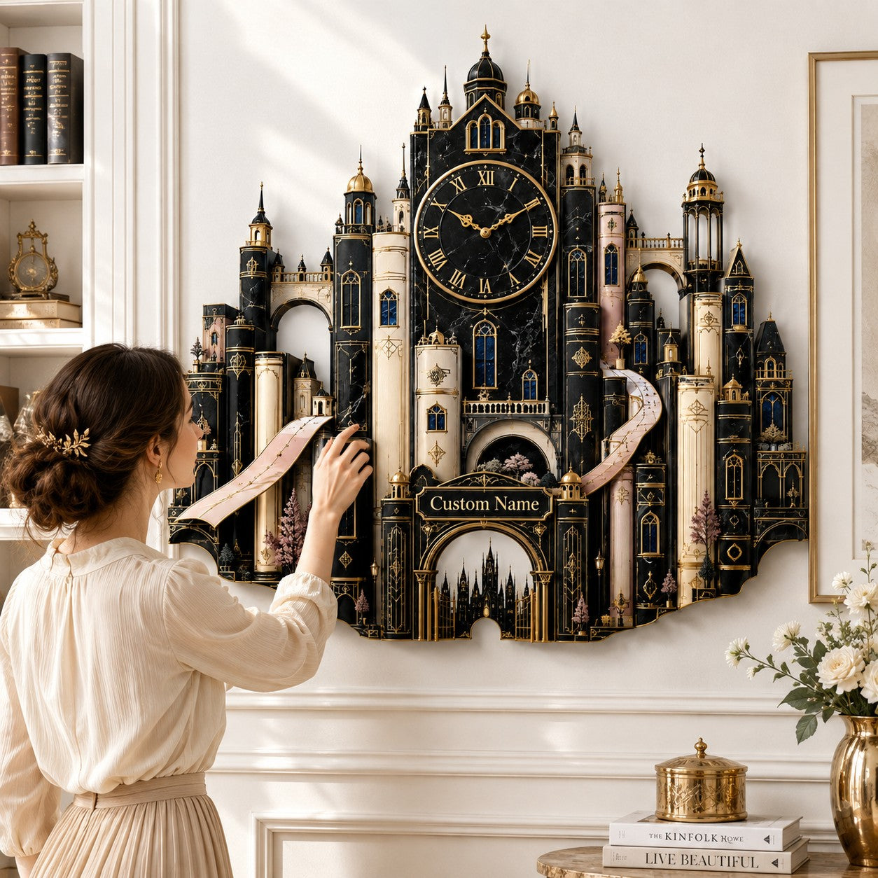 Personalized Fantasy Book City Wall Clock with Custom Name — personalized with a custom name