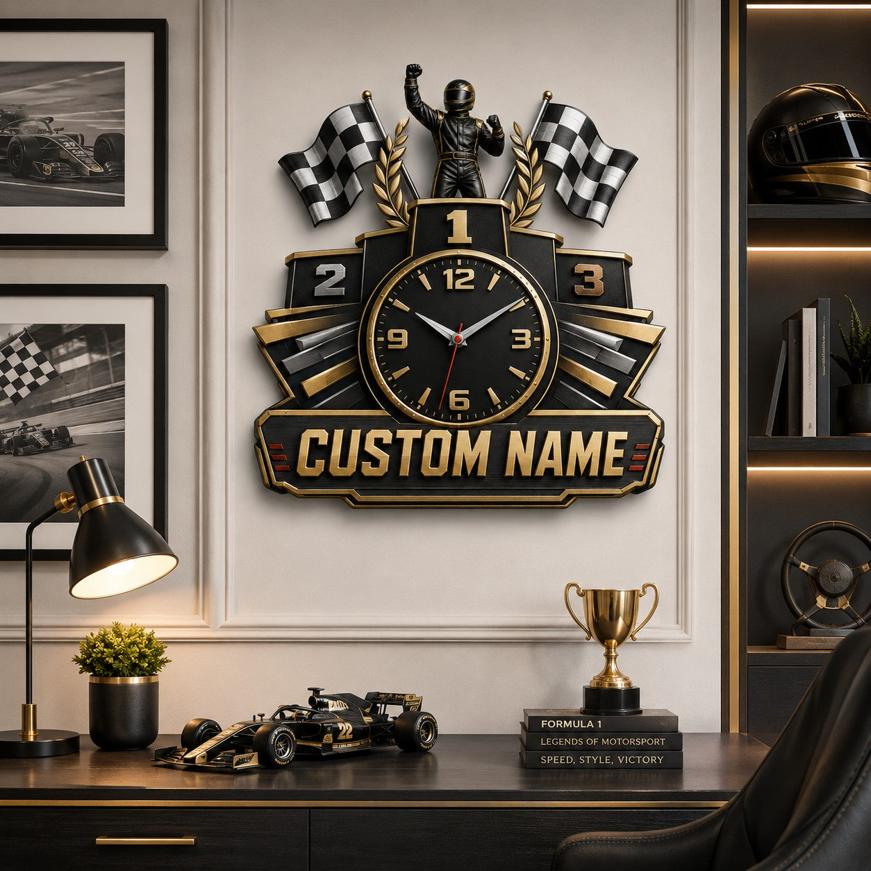 Personalized Racing Champion Podium Wall Clock with Custom Name — personalized with a custom name