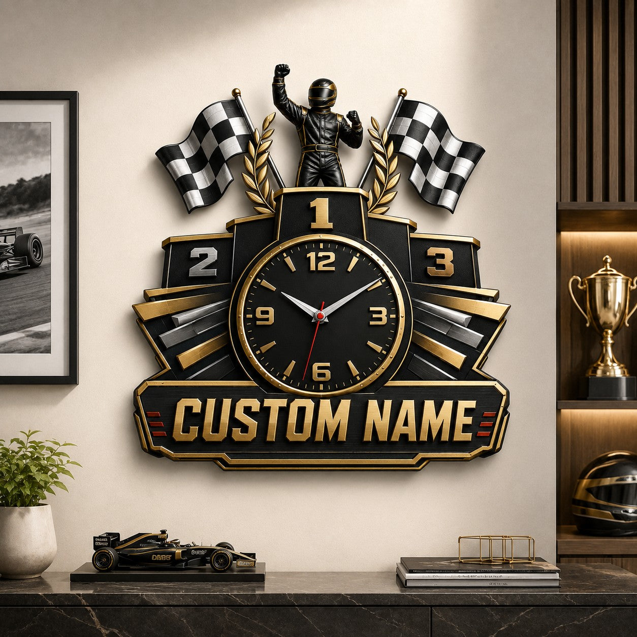 Personalized Racing Champion Podium Wall Clock with Custom Name — personalized with a custom name