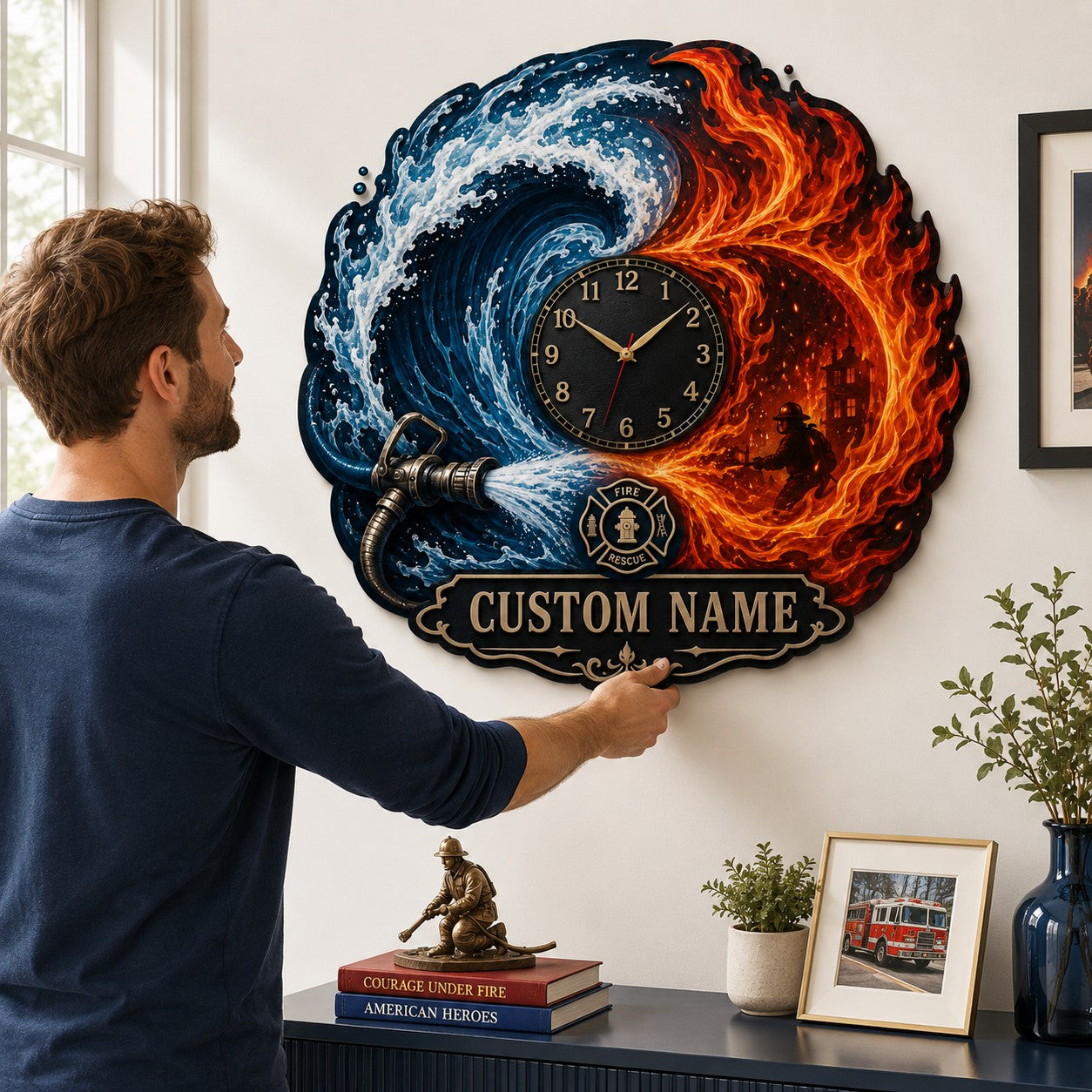 Personalized Firefighters Wall Clock with Custom Name — personalized with a custom name
