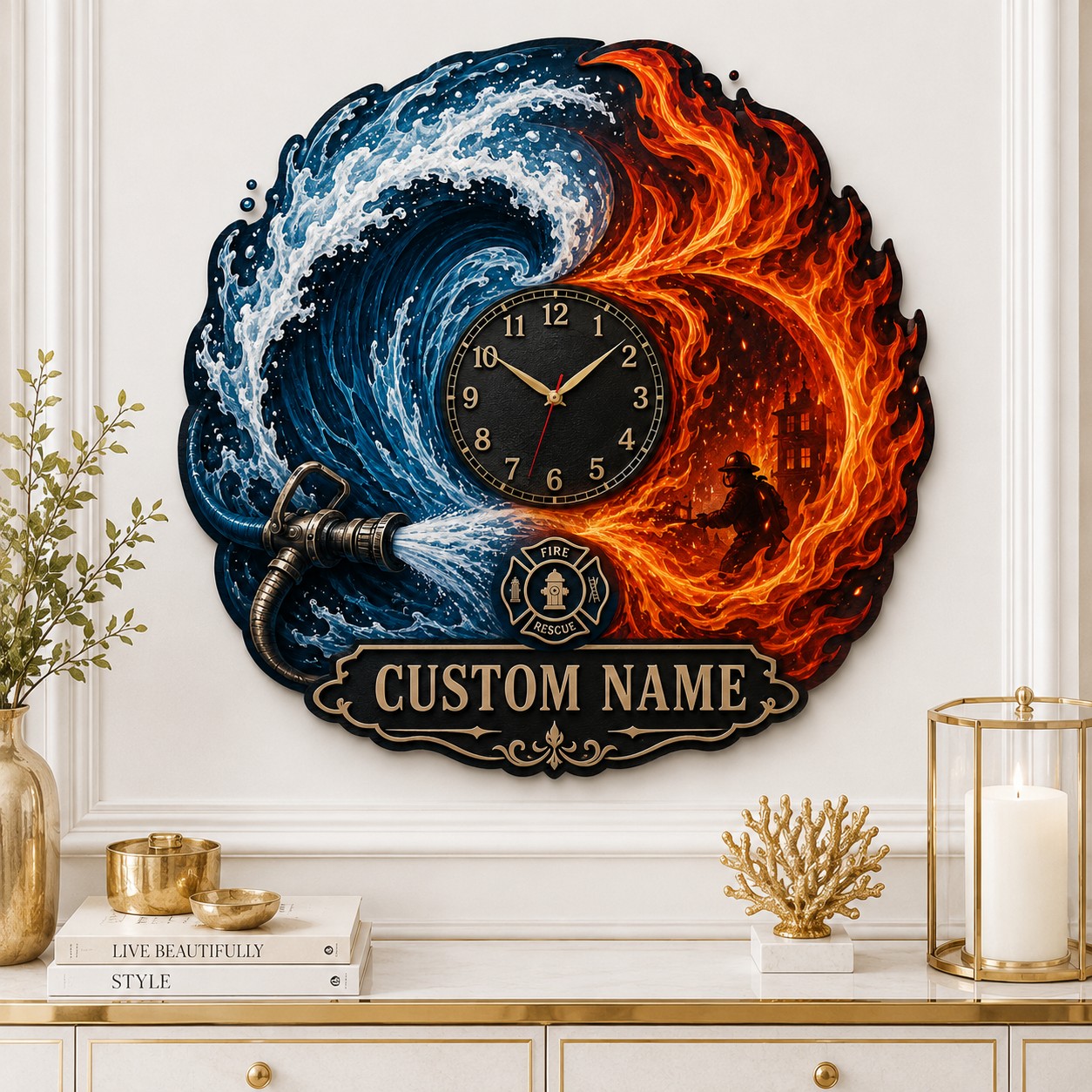 Personalized Firefighters Wall Clock with Custom Name — personalized with a custom name
