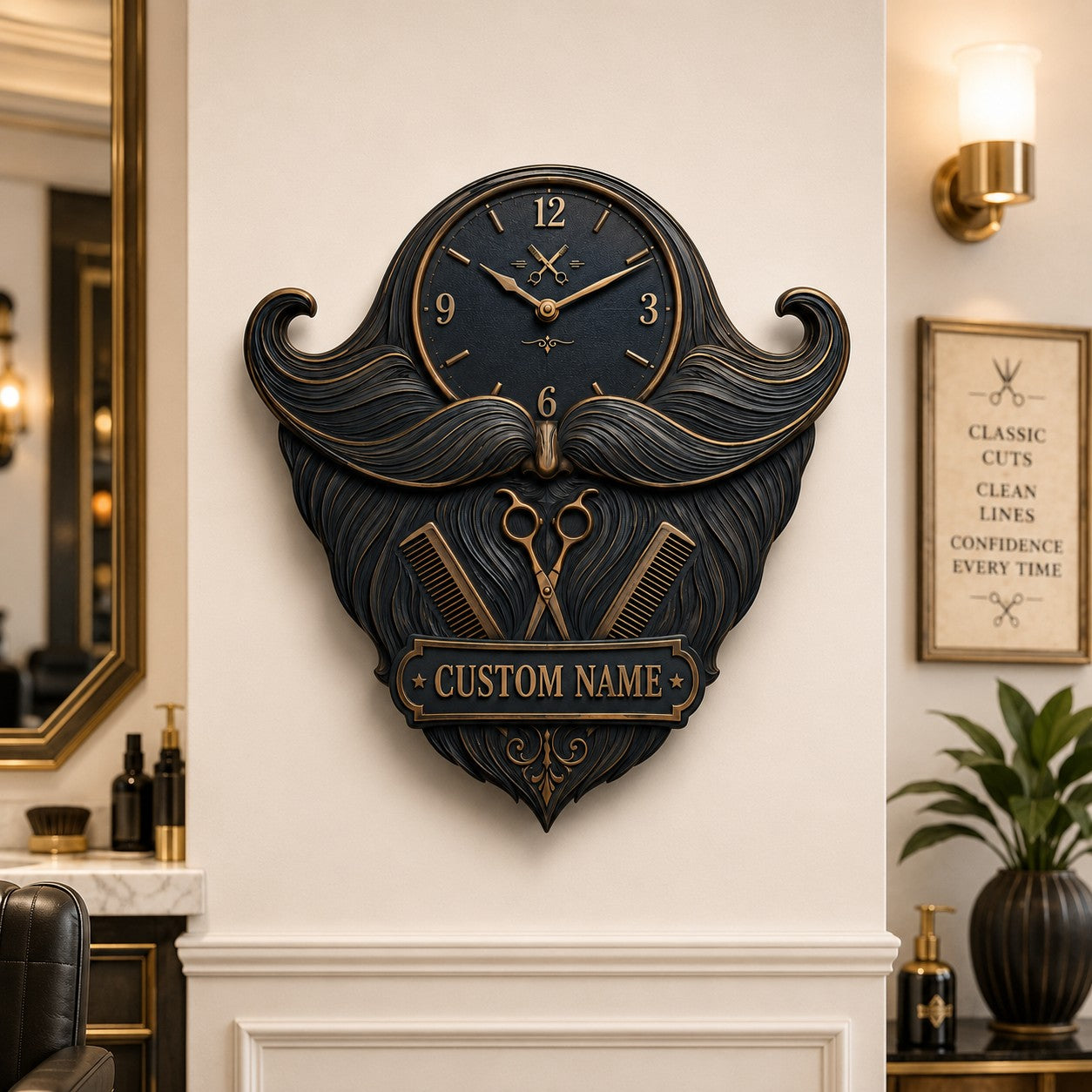 Personalized Barber Mustache and Beard Wall Clock with Custom Name — personalized with a custom name