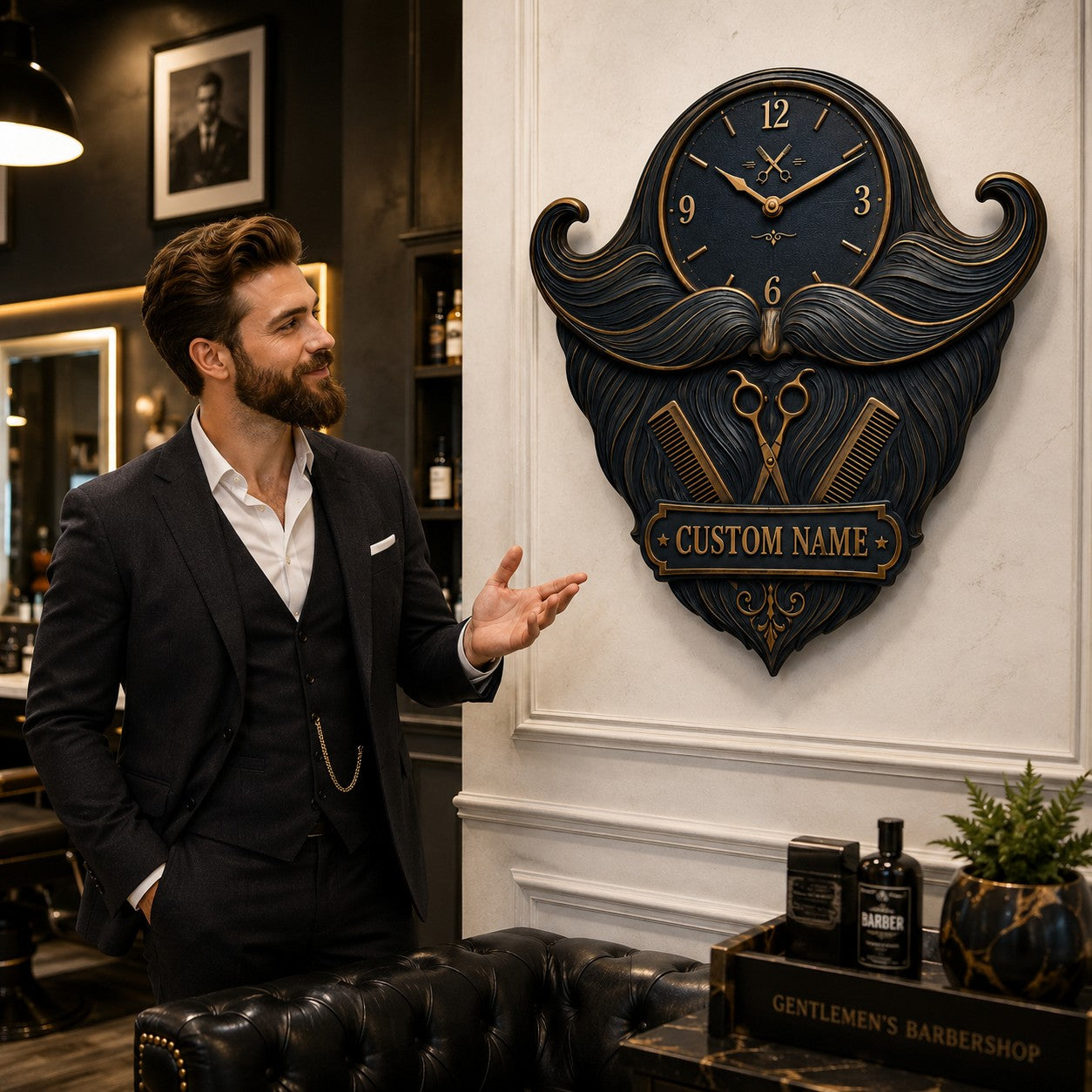 Personalized Barber Mustache and Beard Wall Clock with Custom Name — personalized with a custom name