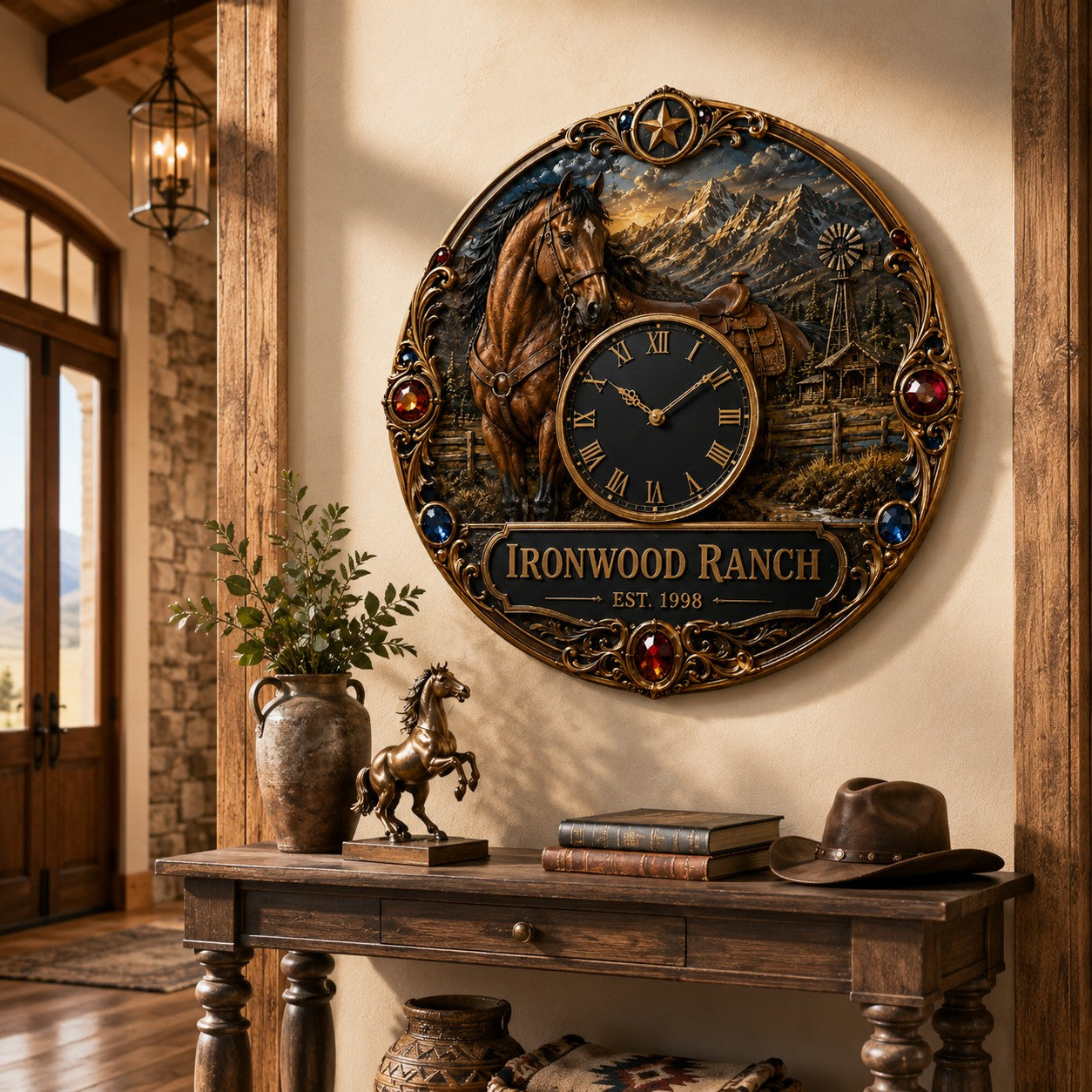 Personalized Horse Ranch Wall Clock, Custom Name Gift for Horse Lovers — personalized with a custom name