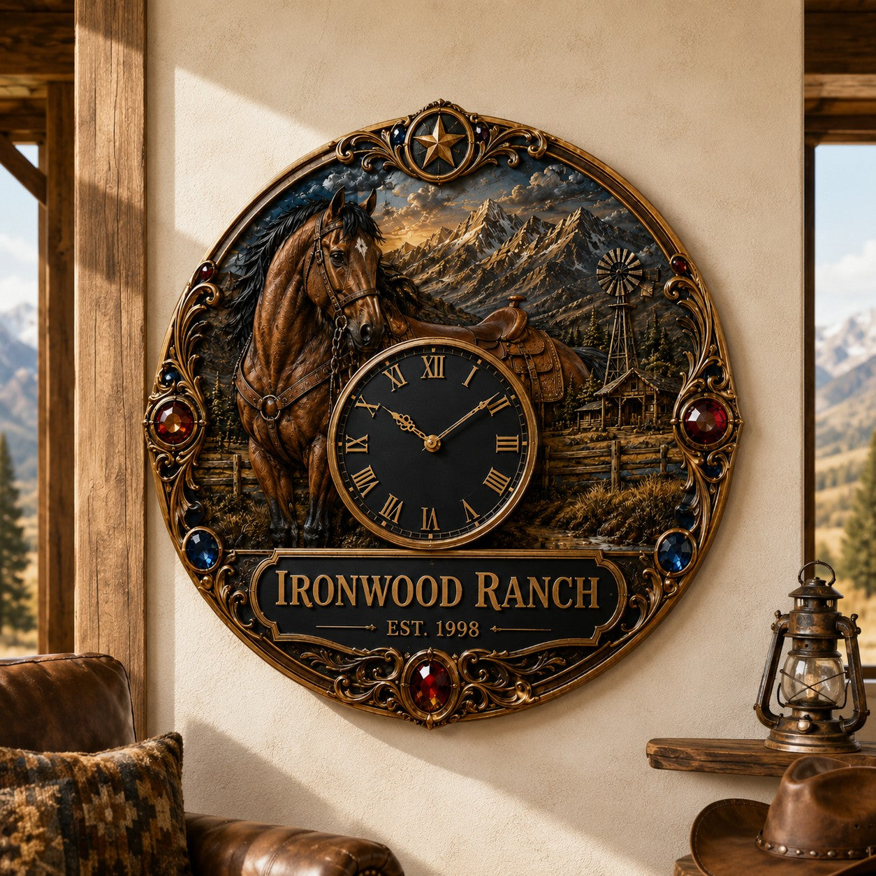 Personalized Horse Ranch Wall Clock, Custom Name Gift for Horse Lovers — personalized with a custom name