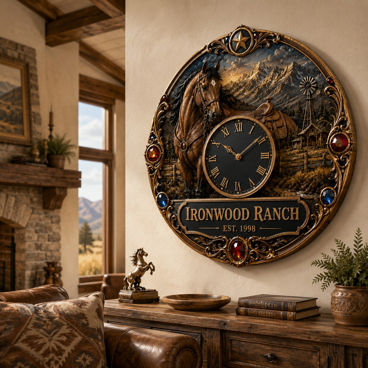 Personalized Horse Ranch Wall Clock, Custom Name Gift for Horse Lovers — personalized with a custom name