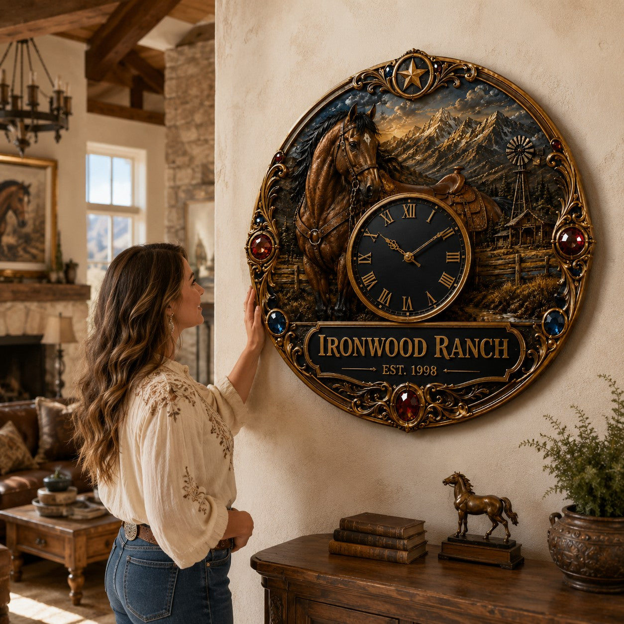 Personalized Horse Ranch Wall Clock, Custom Name Gift for Horse Lovers — personalized with a custom name