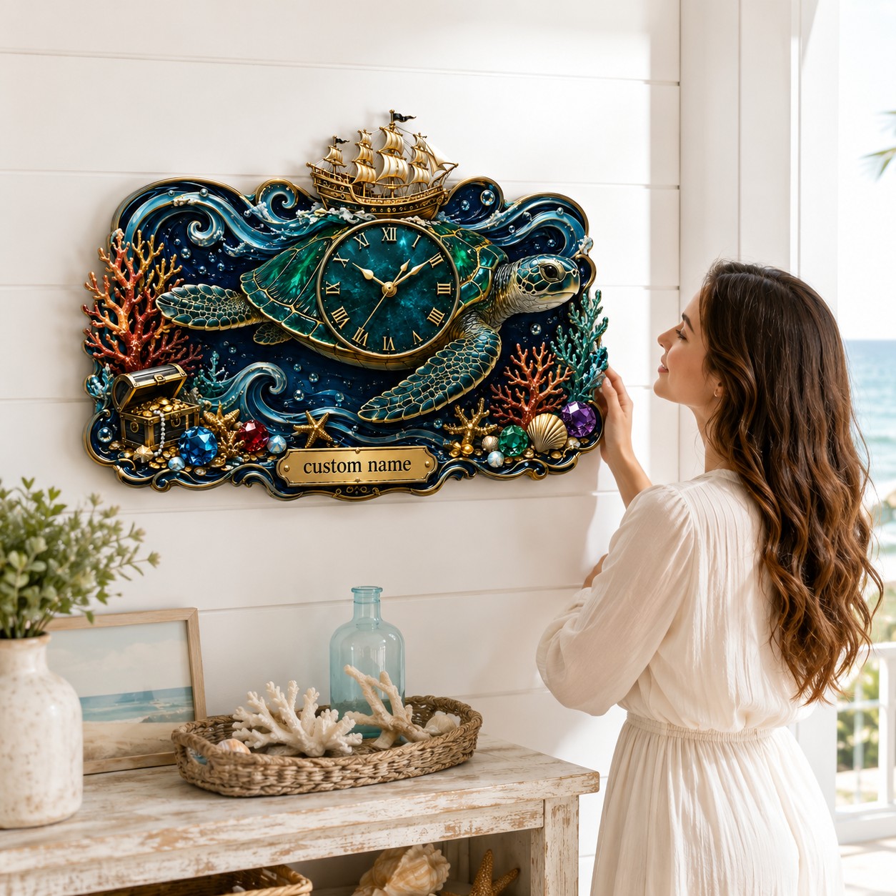 Personalized Sea Turtle Wall Clock with Custom Name — personalized with a custom name