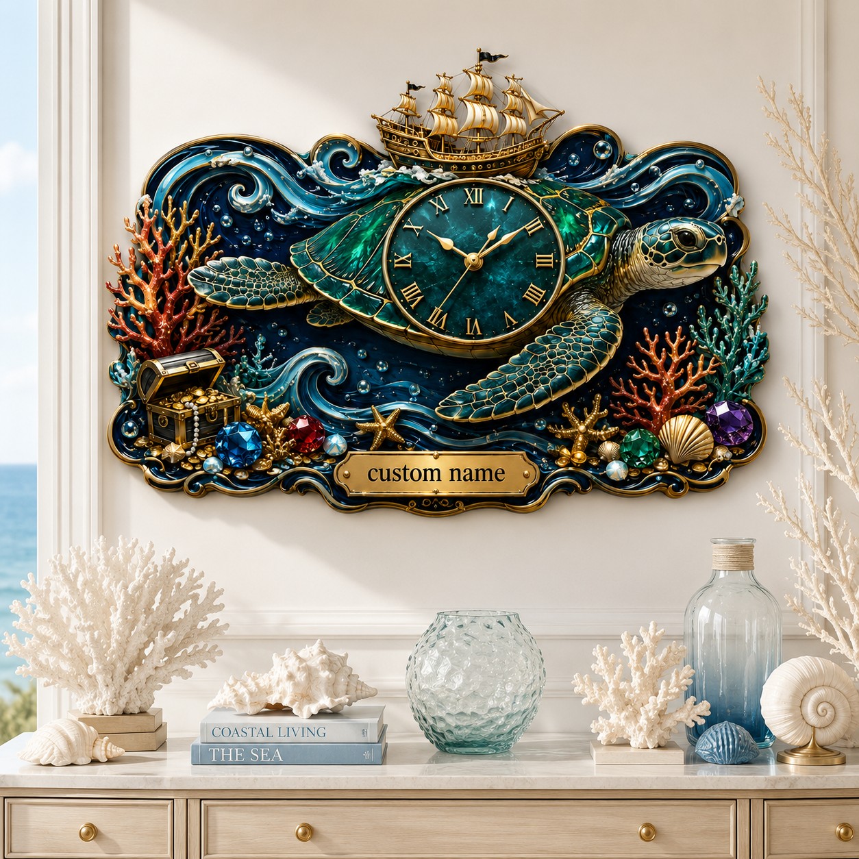Personalized Sea Turtle Wall Clock with Custom Name — personalized with a custom name