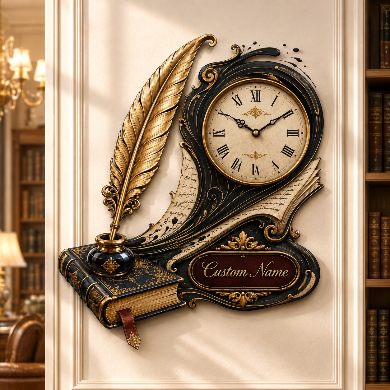 Personalized Book and Quill Wall Clock with Custom Name — personalized with a custom name