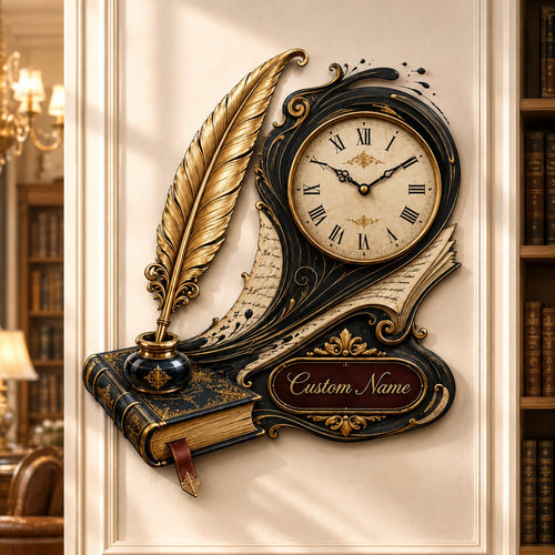 Personalized Book and Quill Wall Clock with Custom Name — personalized with a custom name