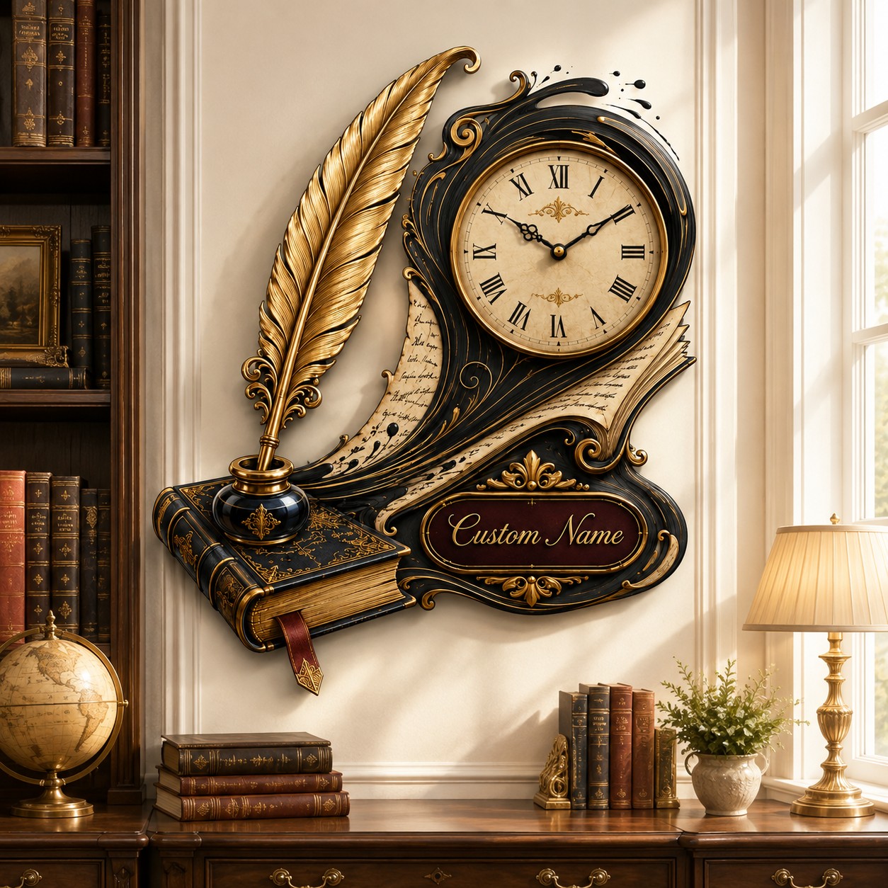 Personalized Book and Quill Wall Clock with Custom Name — personalized with a custom name