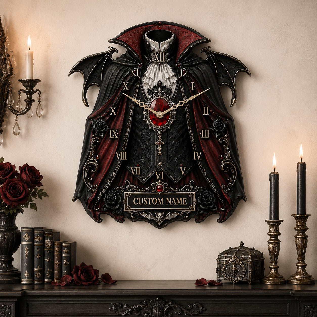 Personalized Gothic Vampire Wall Clock with Custom Name — personalized with a custom name