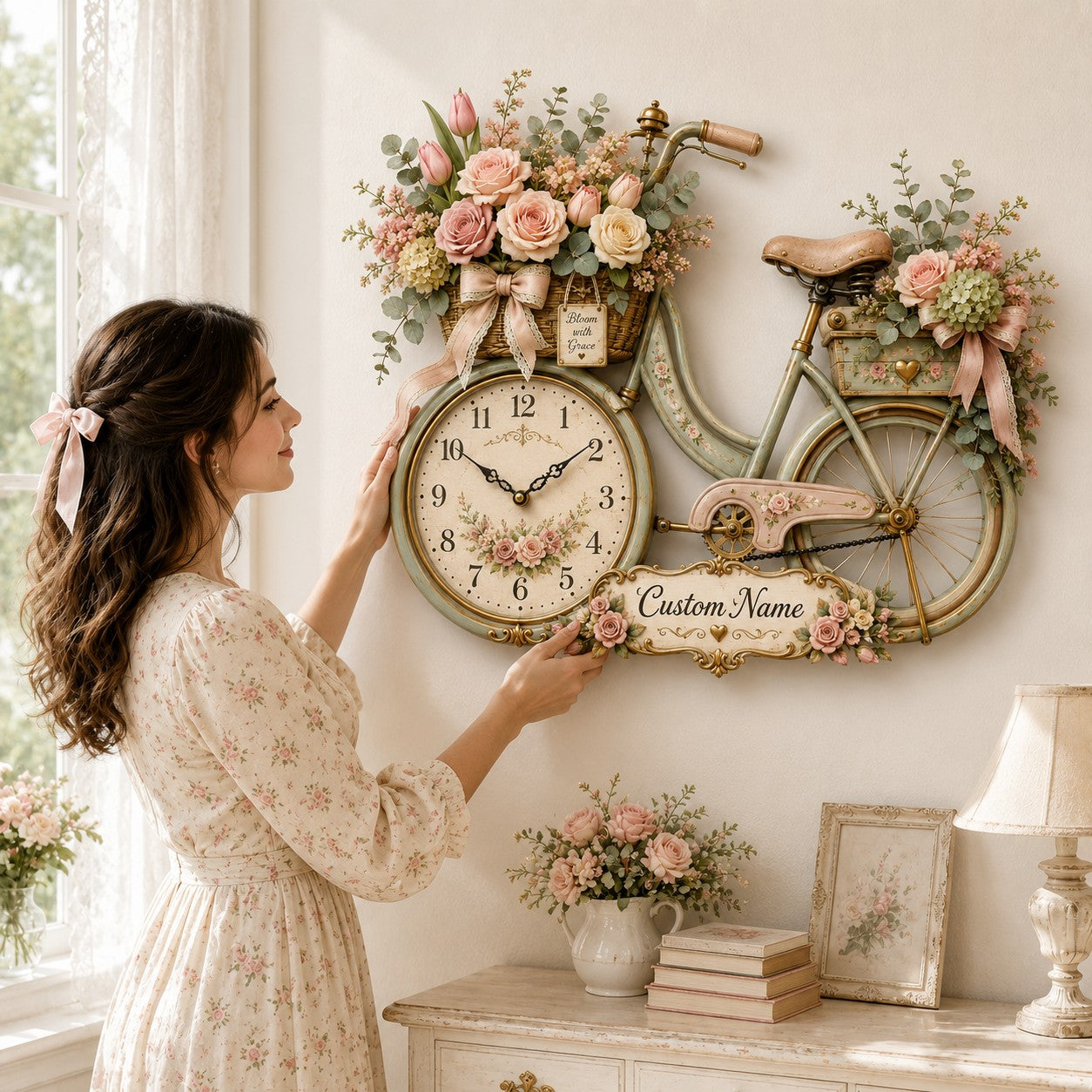 Personalized Floral Bicycle Wall Clock with Custom Name — personalized with a custom name