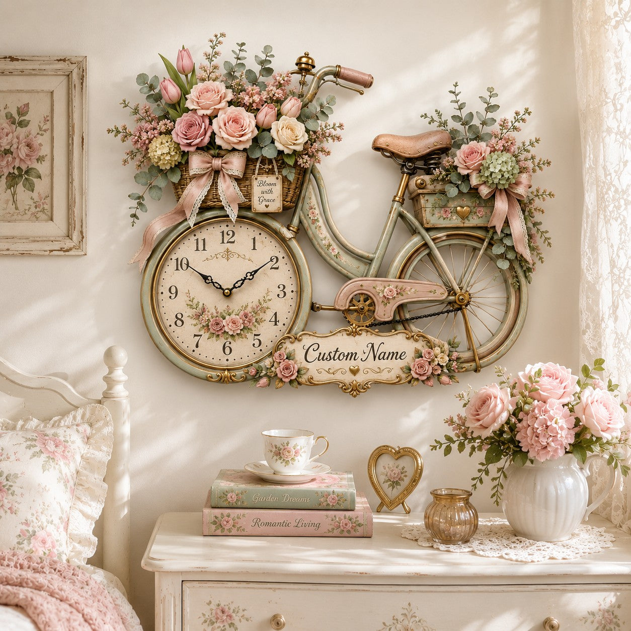 Personalized Floral Bicycle Wall Clock with Custom Name — personalized with a custom name