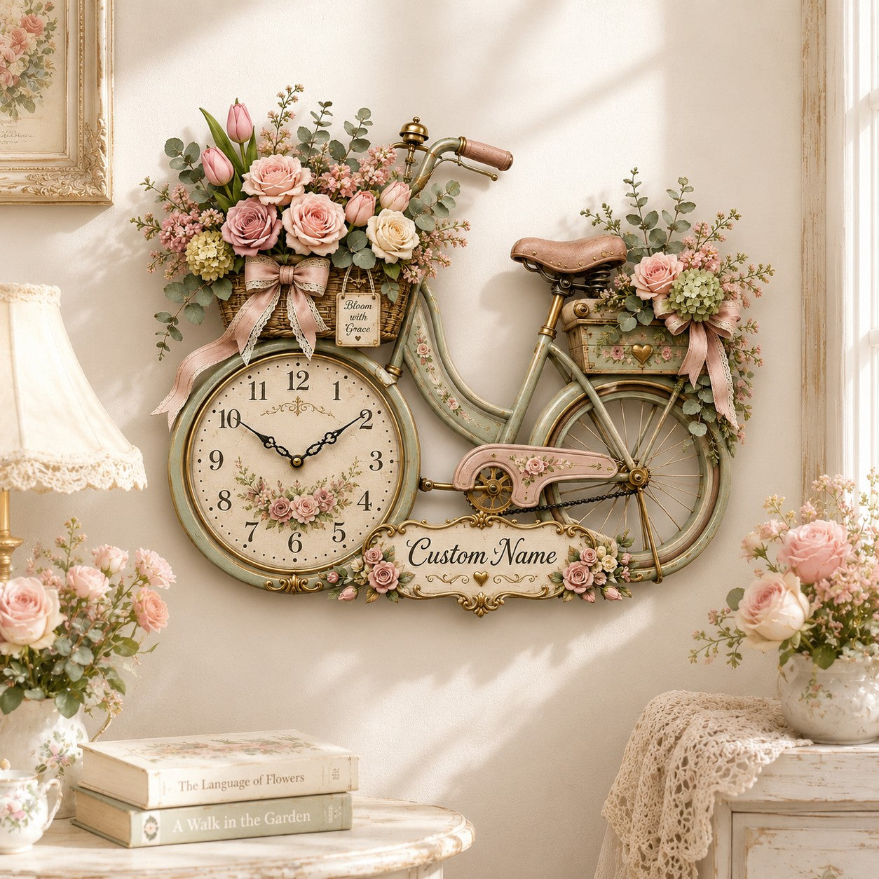 Personalized Floral Bicycle Wall Clock with Custom Name — personalized with a custom name