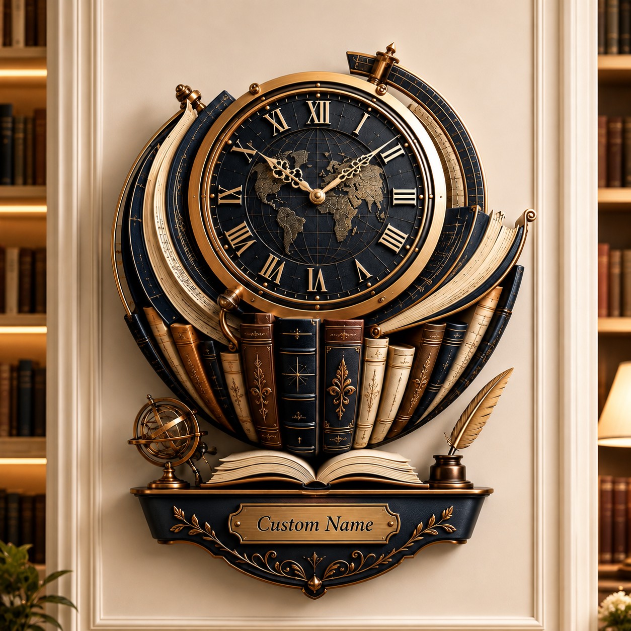 Personalized Book Globe Wall Clock, Custom Name Gift for Book Lovers — personalized with a custom name