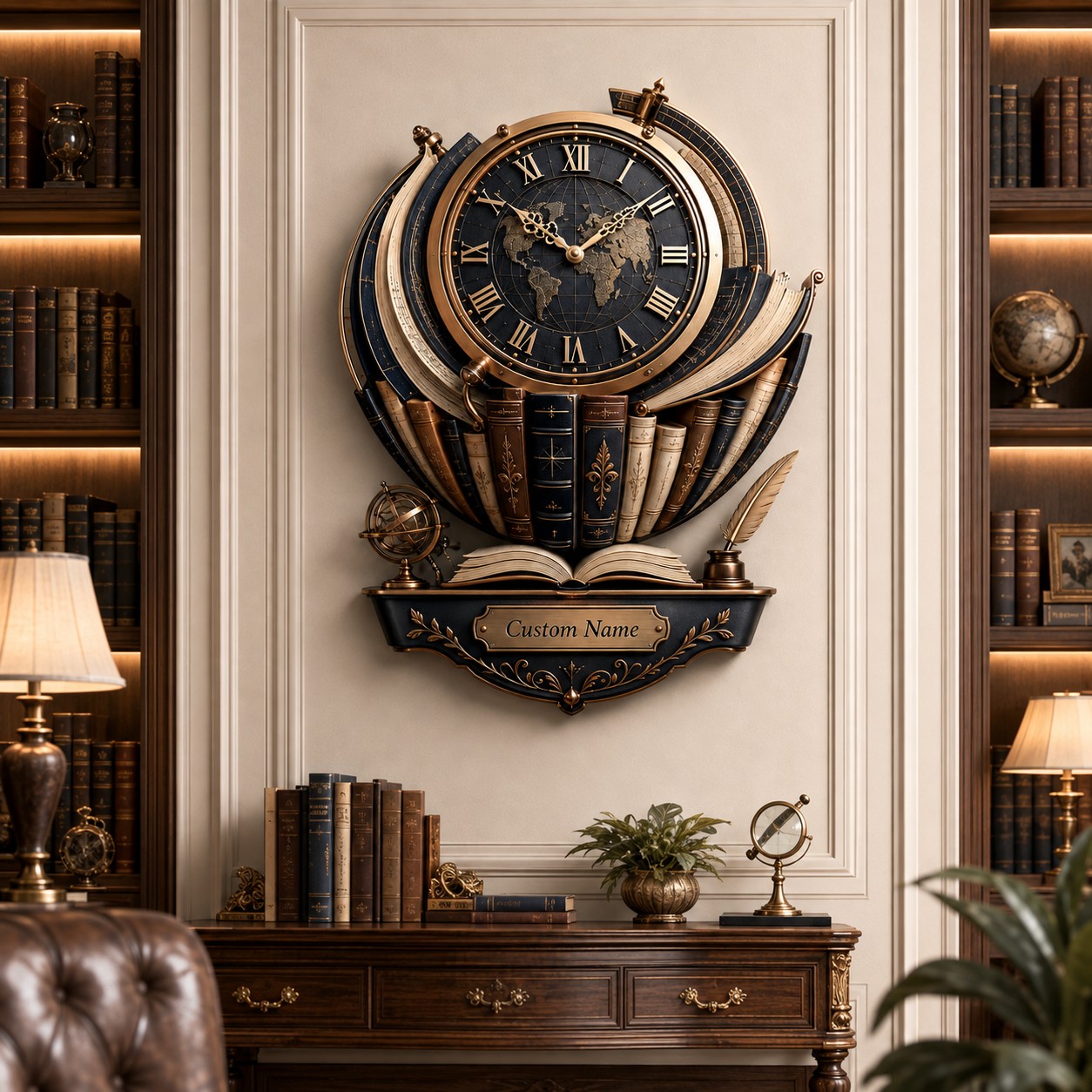 Personalized Book Globe Wall Clock, Custom Name Gift for Book Lovers — personalized with a custom name