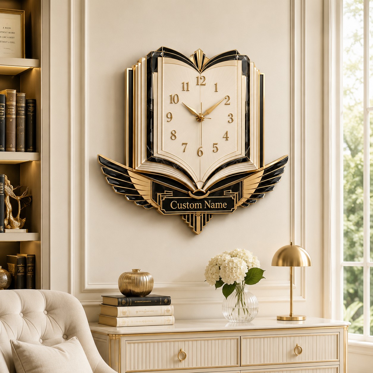 Personalized Open Book Wall Clock, Custom Name Gift for Book Lovers (Design 2) — personalized with a custom name