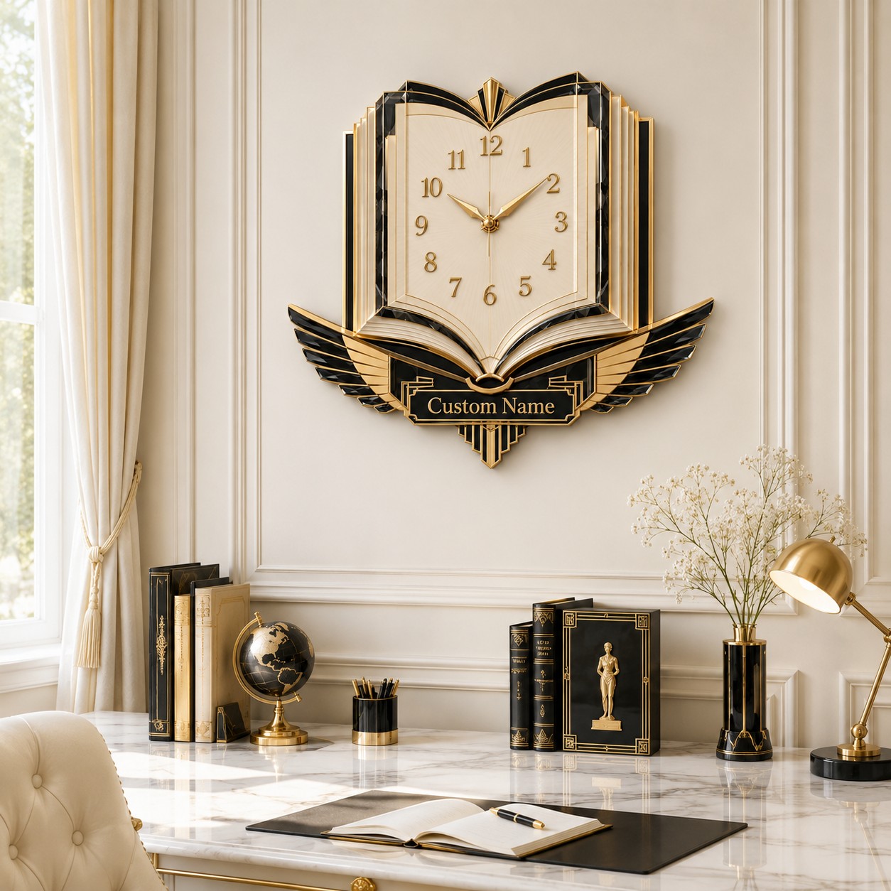 Personalized Open Book Wall Clock, Custom Name Gift for Book Lovers (Design 2) — personalized with a custom name