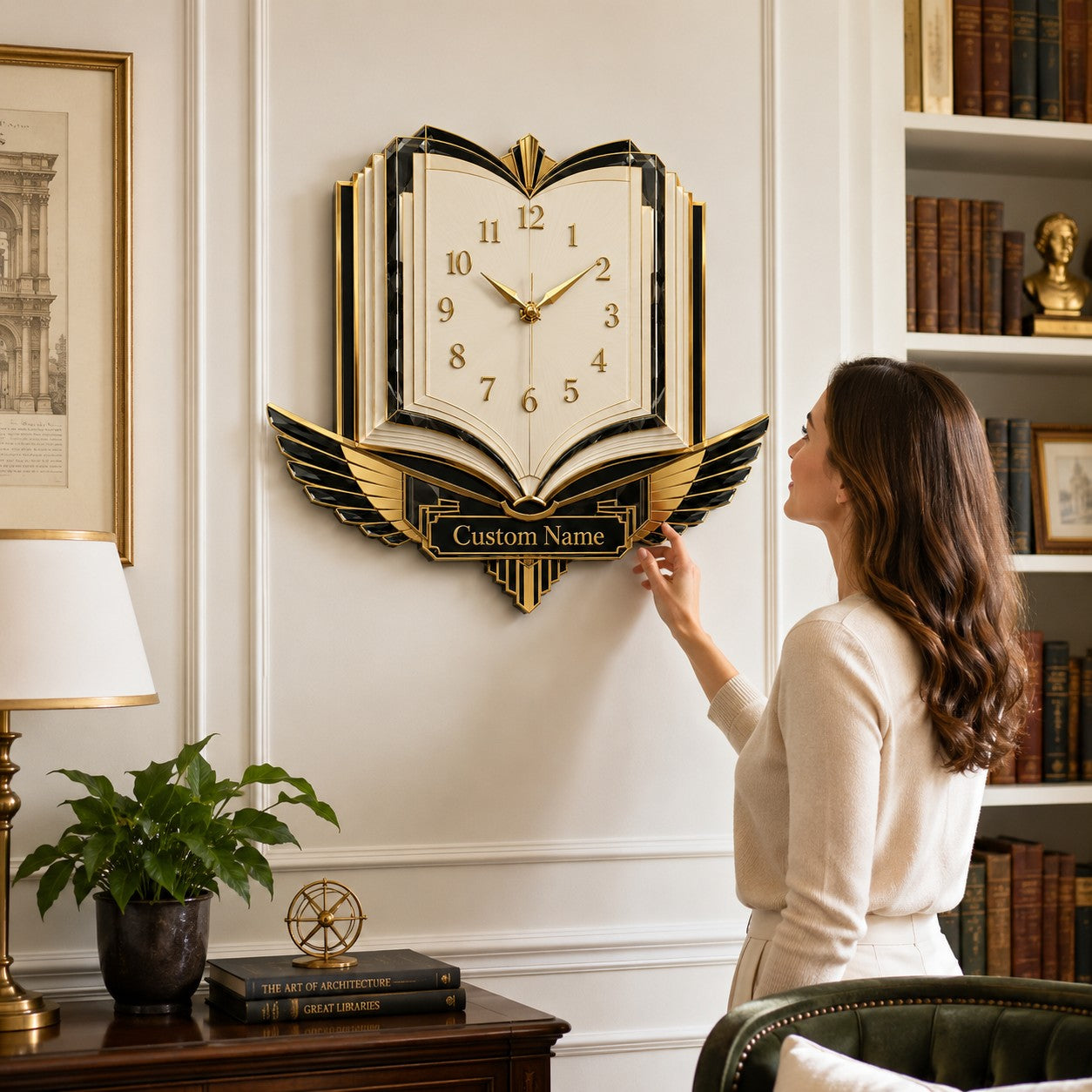 Personalized Open Book Wall Clock, Custom Name Gift for Book Lovers (Design 2) — personalized with a custom name