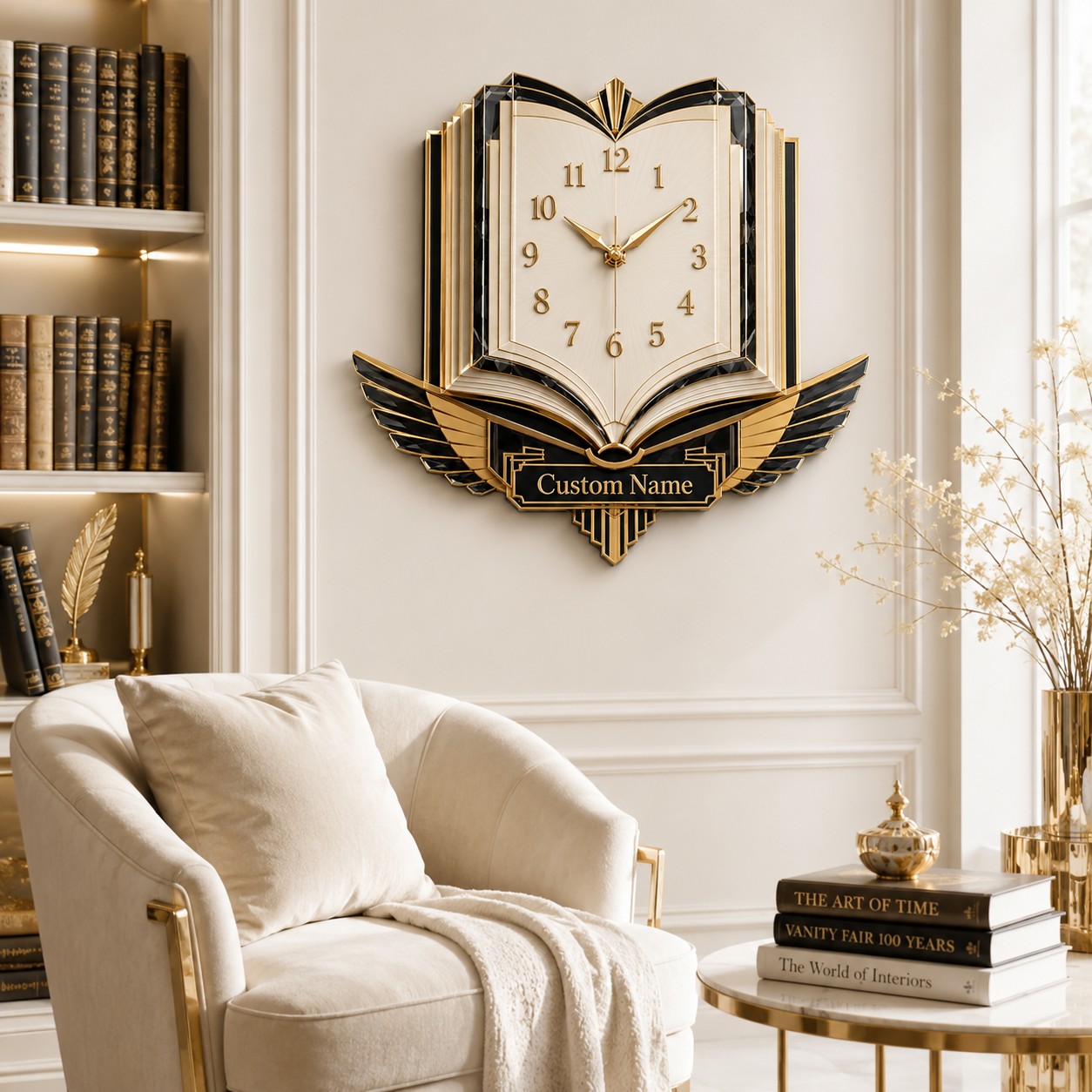 Personalized Open Book Wall Clock, Custom Name Gift for Book Lovers (Design 2) — personalized with a custom name