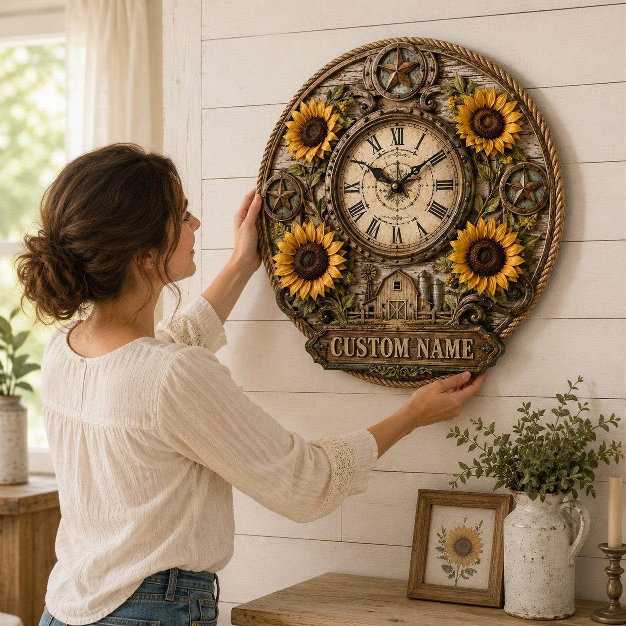 Personalized Sunflower Wall Clock with Custom Name — personalized with a custom name