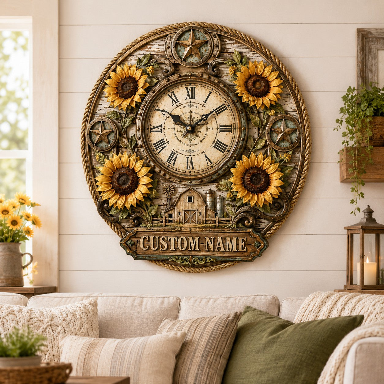 Personalized Sunflower Wall Clock with Custom Name — personalized with a custom name