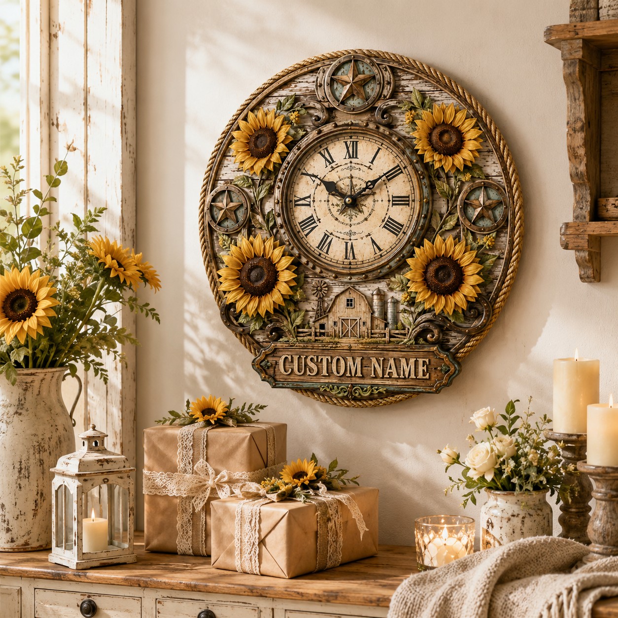 Personalized Sunflower Wall Clock with Custom Name — personalized with a custom name