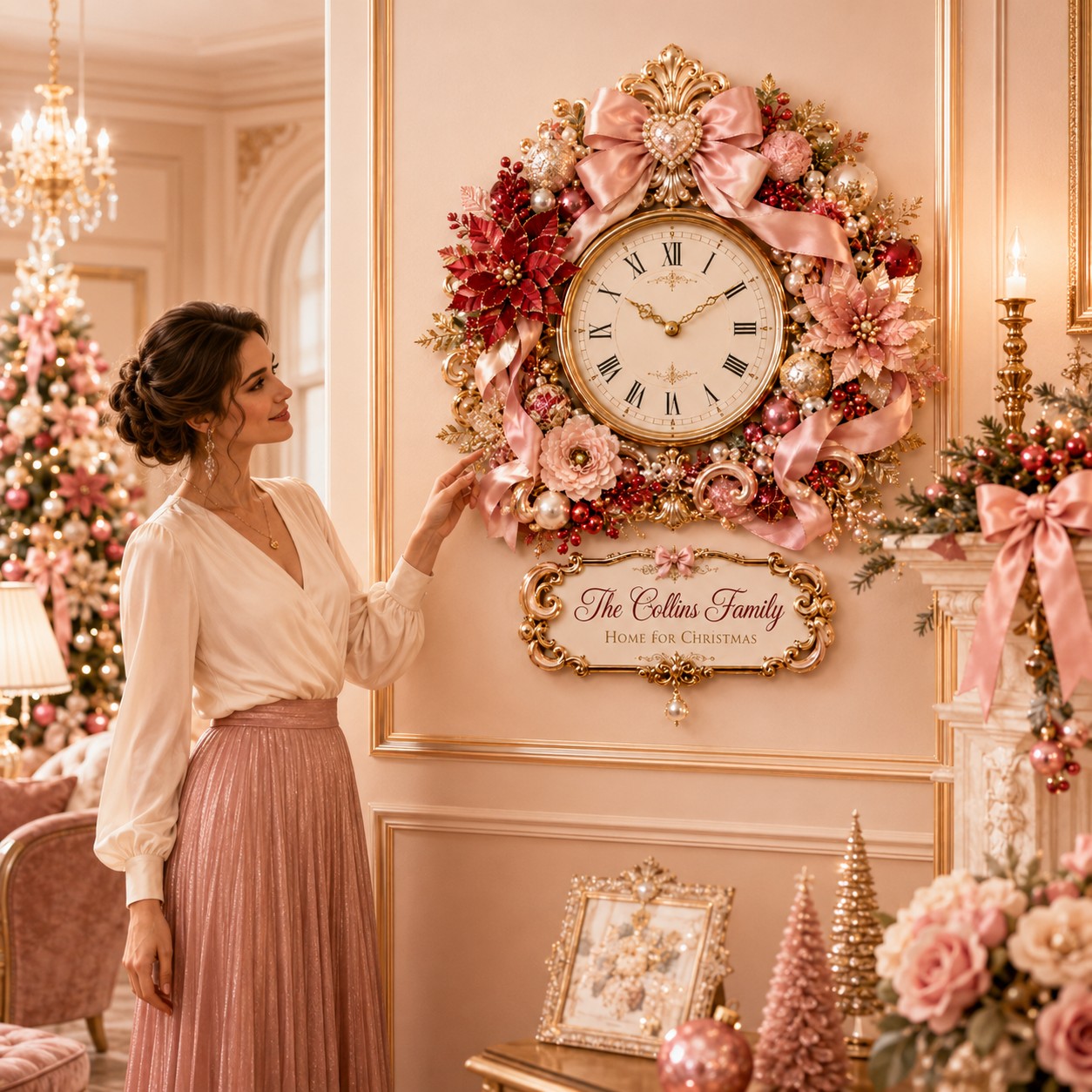 Personalized Coquette Bow Holiday Wall Clock with Custom Name — personalized with a custom name