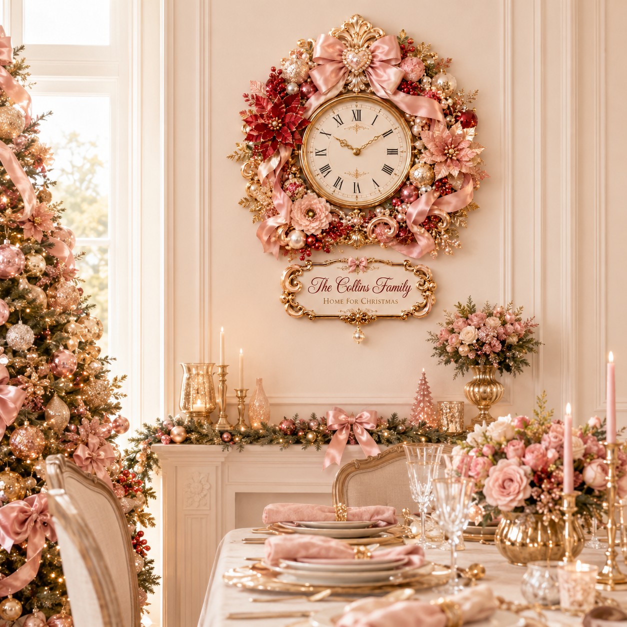 Personalized Coquette Bow Holiday Wall Clock with Custom Name — personalized with a custom name