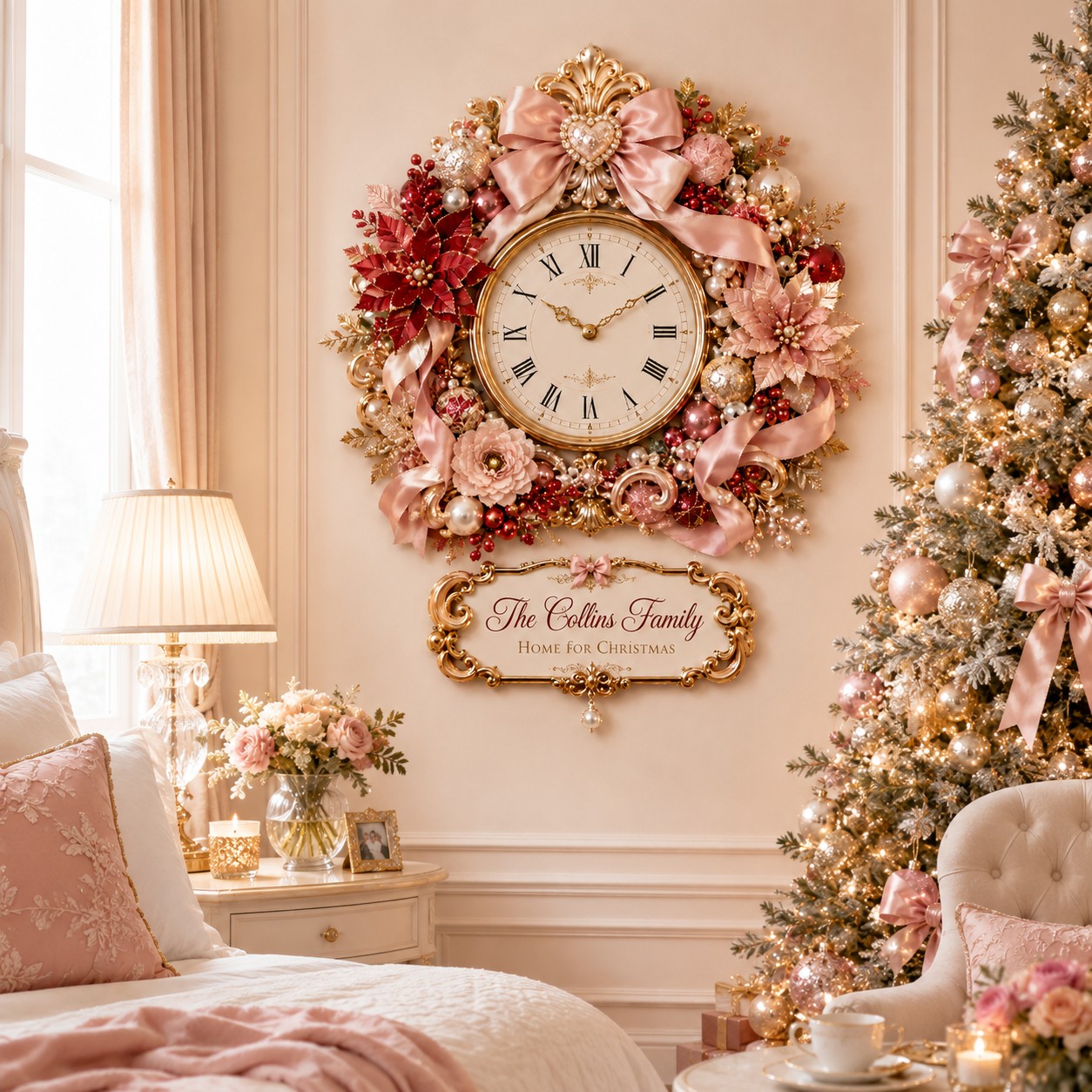 Personalized Coquette Bow Holiday Wall Clock with Custom Name — personalized with a custom name