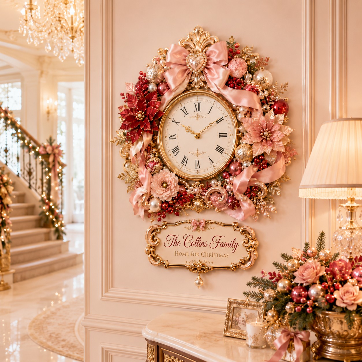 Personalized Coquette Bow Holiday Wall Clock with Custom Name — personalized with a custom name