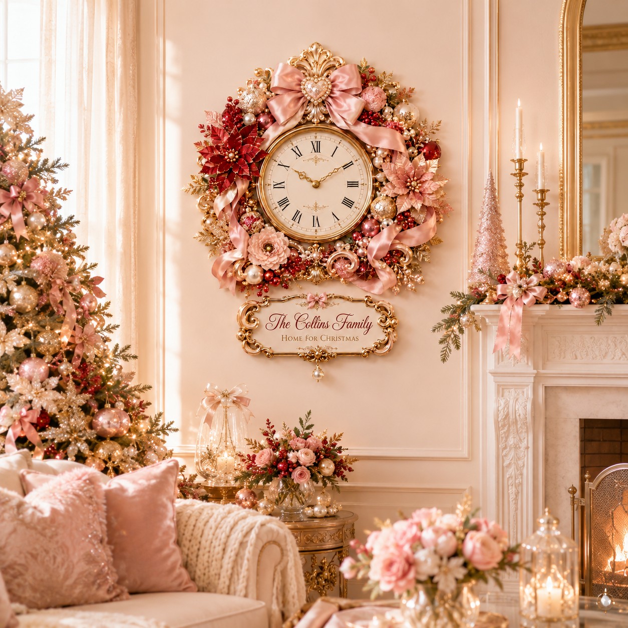 Personalized Coquette Bow Holiday Wall Clock with Custom Name — personalized with a custom name