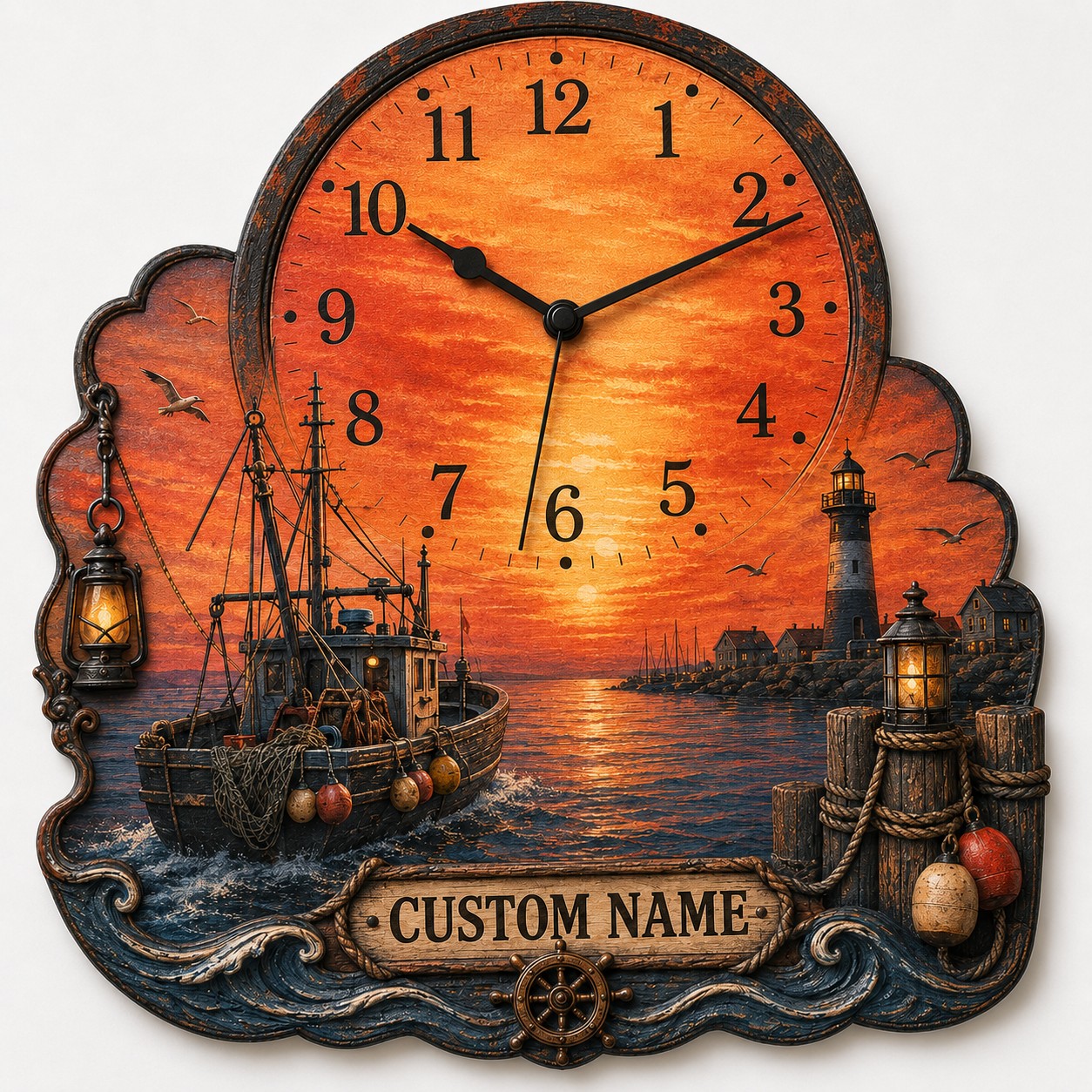 Personalized Orange Seascape Timepiece Wall Clock with Custom Name — personalized with a custom name