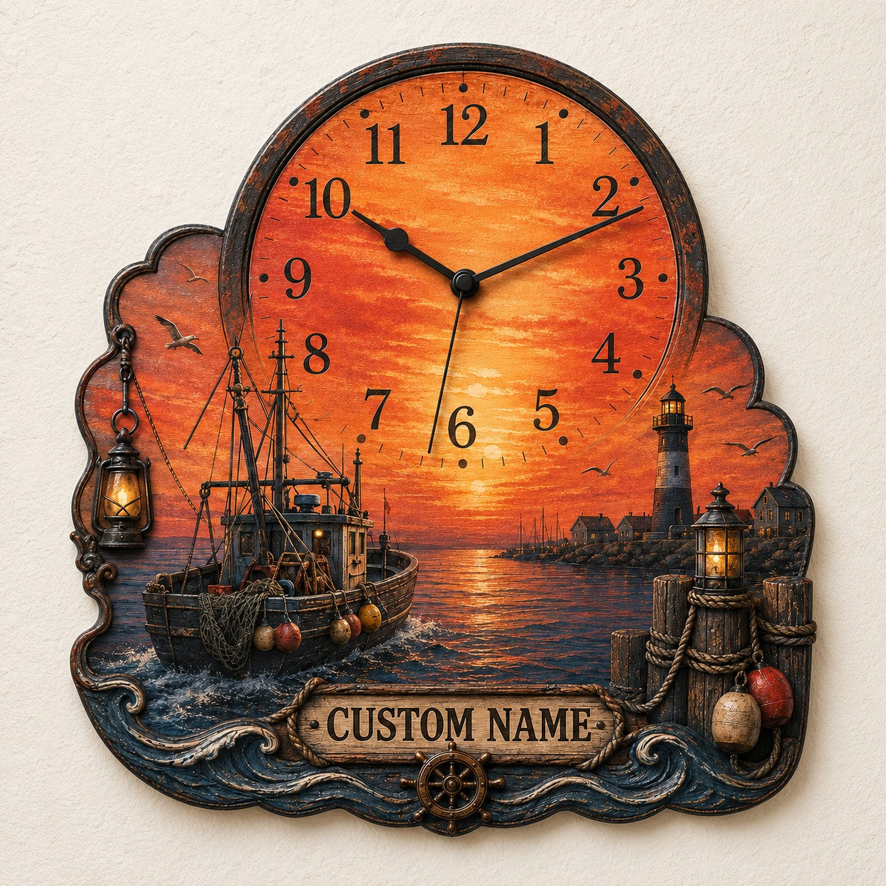 Personalized Orange Seascape Timepiece Wall Clock with Custom Name — personalized with a custom name